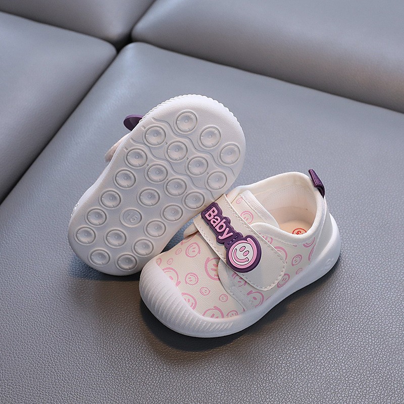 Pantofi Bebelusi Pentru Primii Pasi, Inchidere cu Scai, Brant Moale, Model Smiley, Roz 16
