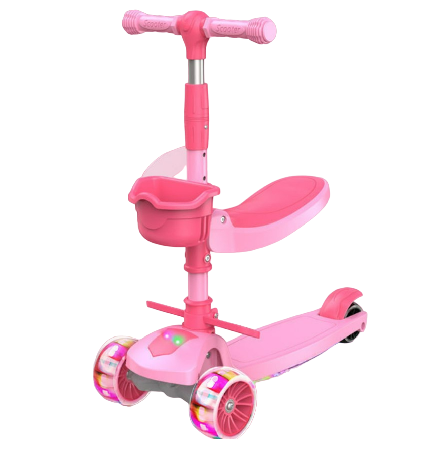 Trotineta Scooter 2 in 1 Reglabila Pentru Copii cu Lumini,Cosulet, Scaunel si colsulet , Roz