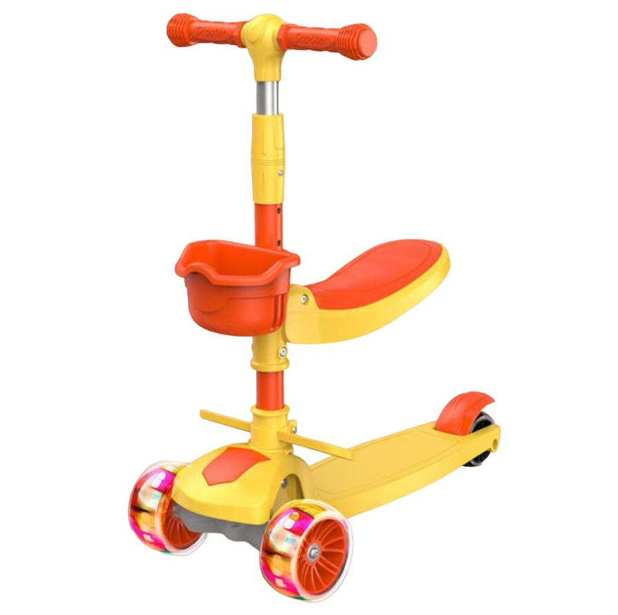 Trotineta Scooter Reglabila Pentru Copii cu Lumini,Cosulet, Scaunel si colsulet , Portocaliu