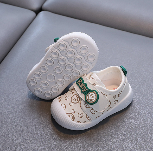 Pantofi Bebelusi Pentru Primii Pasi, Inchidere cu Scai, Brant Moale, Model Smiley, Roz 15 (9-9.5 cm)