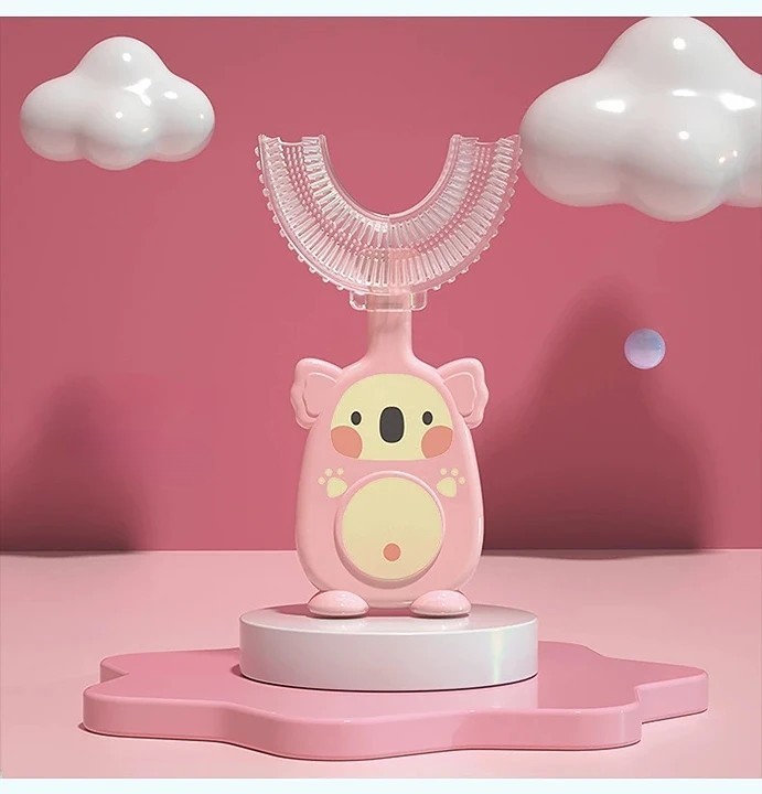 Periuta de dinti pentru Copii, Manuala, Silicon si Plastic, 10 cm, Koala Roz, 2 ani+