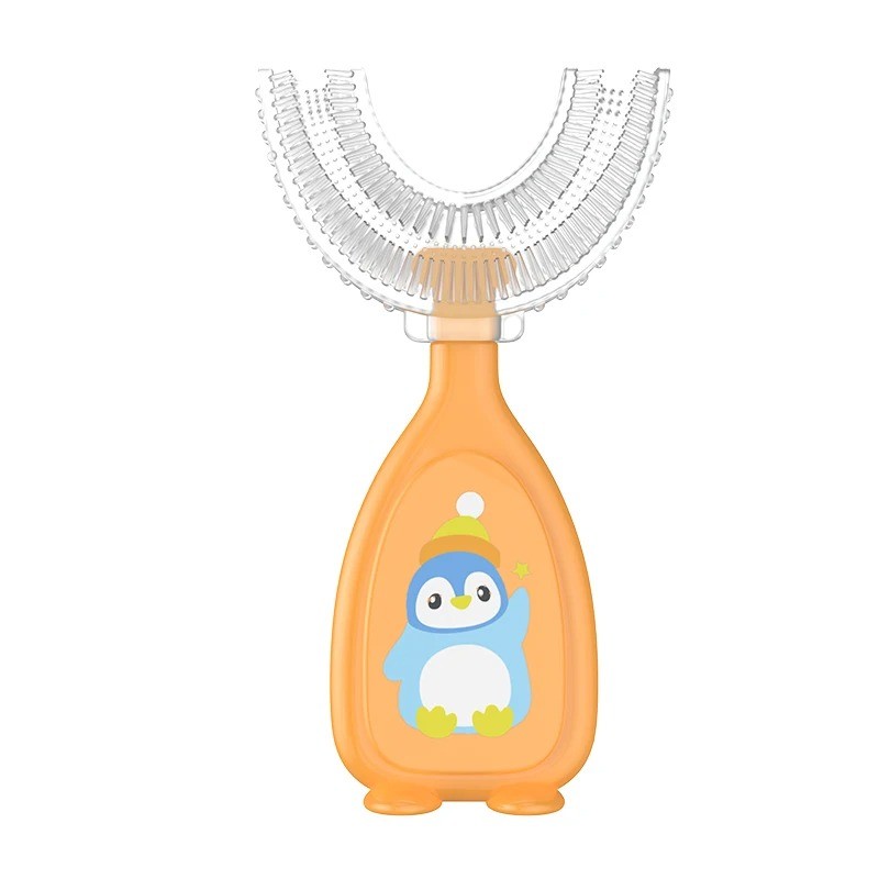 Periuta de dinti pentru Copii, Manuala, Silicon si Plastic, 10 cm, Pinguin Portocaliu, 2 ani+