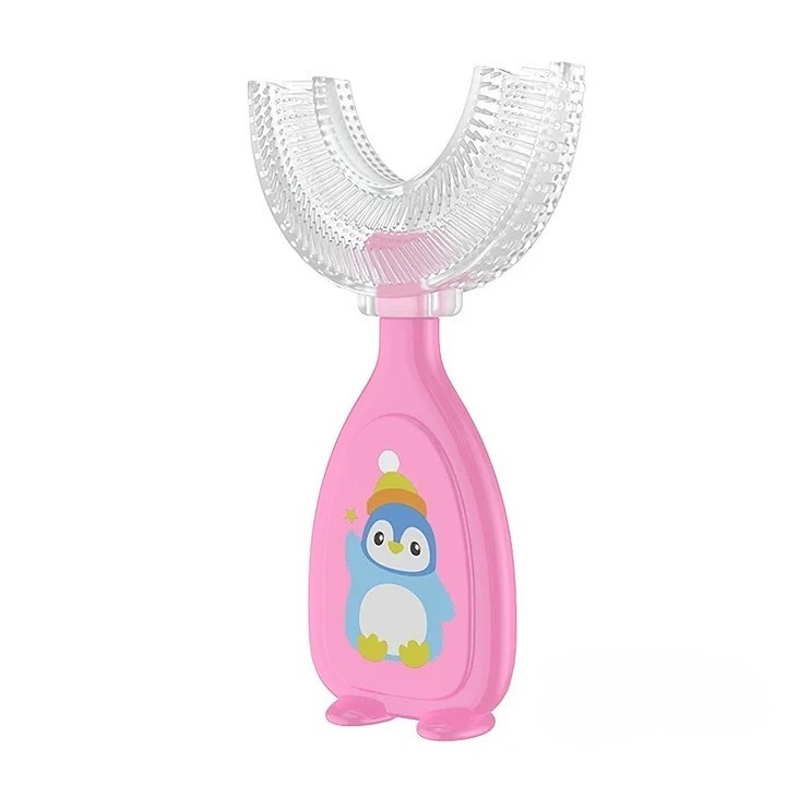 Periuta de dinti pentru Copii, Manuala, Silicon si Plastic, 10 cm, Pinguin Roz, 2 ani+