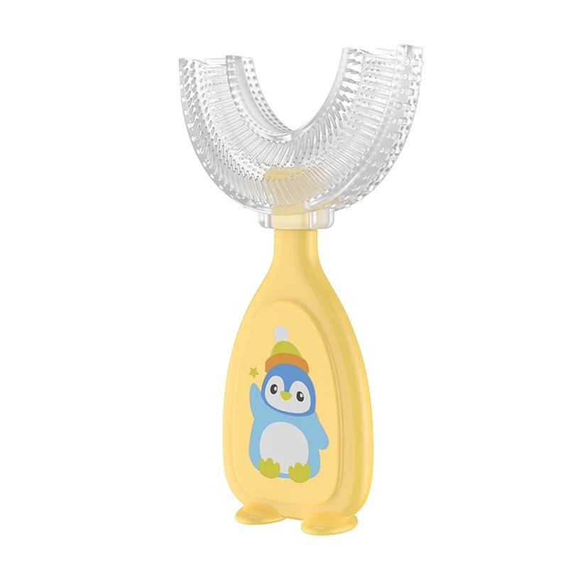 Periuta de dinti pentru Copii, Manuala, Silicon si Plastic, 10 cm, Pinguin Galben, 2 ani+