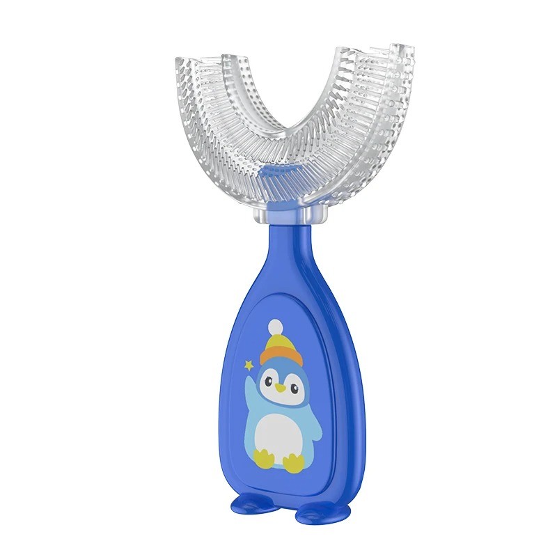 Periuta de dinti pentru Copii, Manuala, Silicon si Plastic, 10 cm, Pinguin Albastru, 2 ani+
