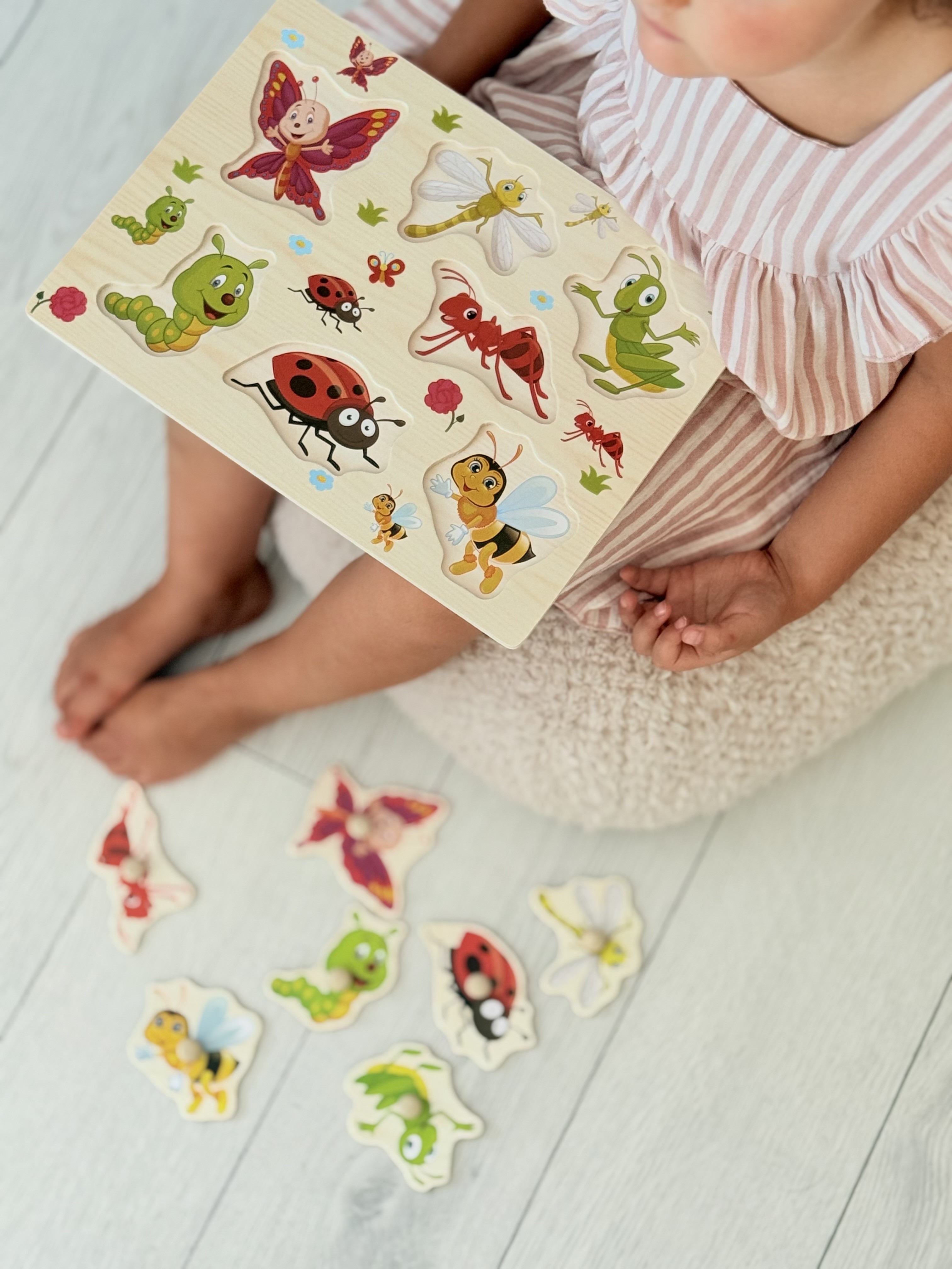 Puzzle Montessori din Lemn, Model Insecte 2 , 7 Piese, Dimensiune 30x22.5 cm