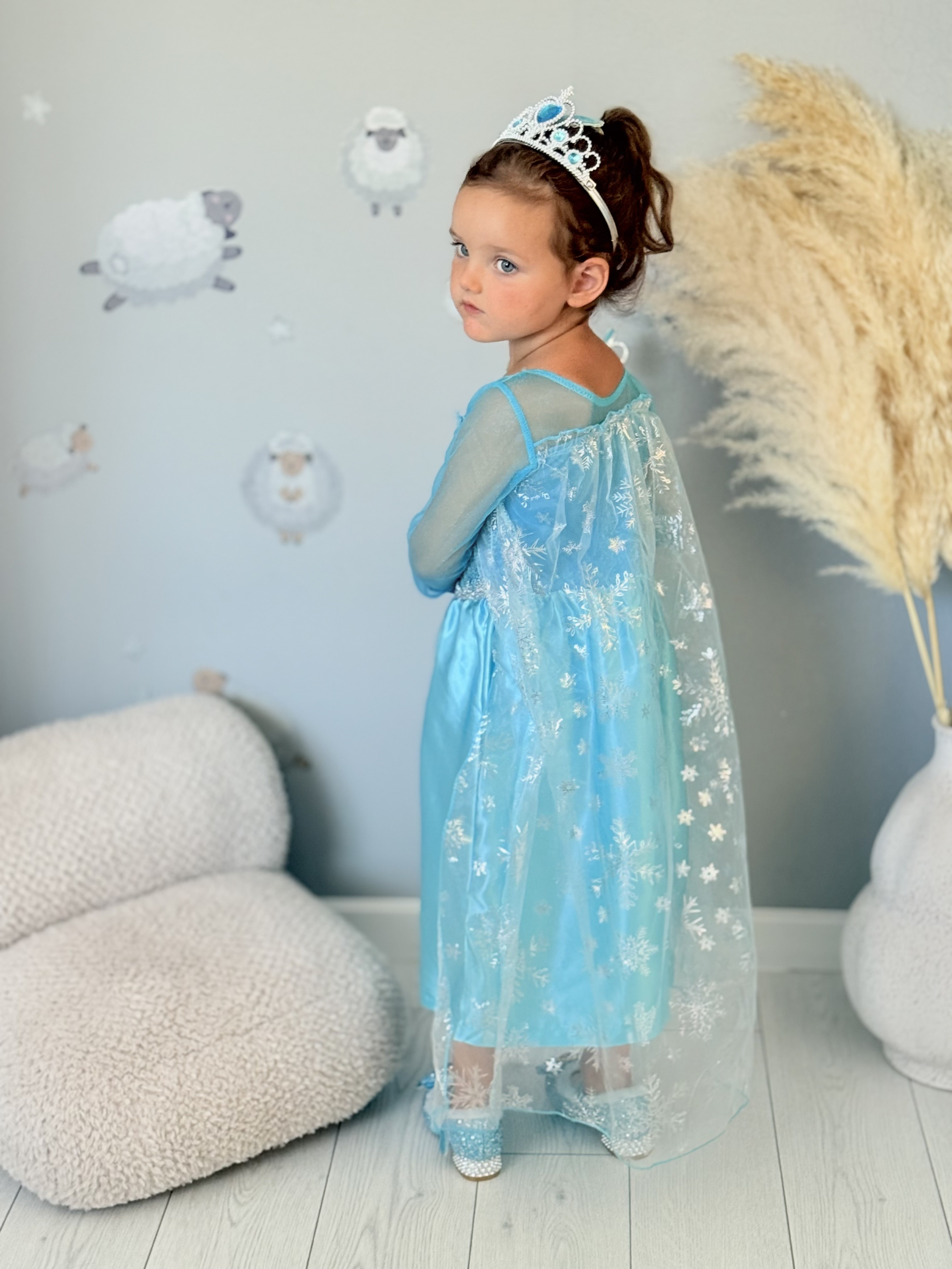 Rochie Fetite Carnaval, Printesa, Tull/Saten, Turquoise, Sclipici Argintiu plus Set Sapte Accesorii 100 cm (3-3.5 ani)