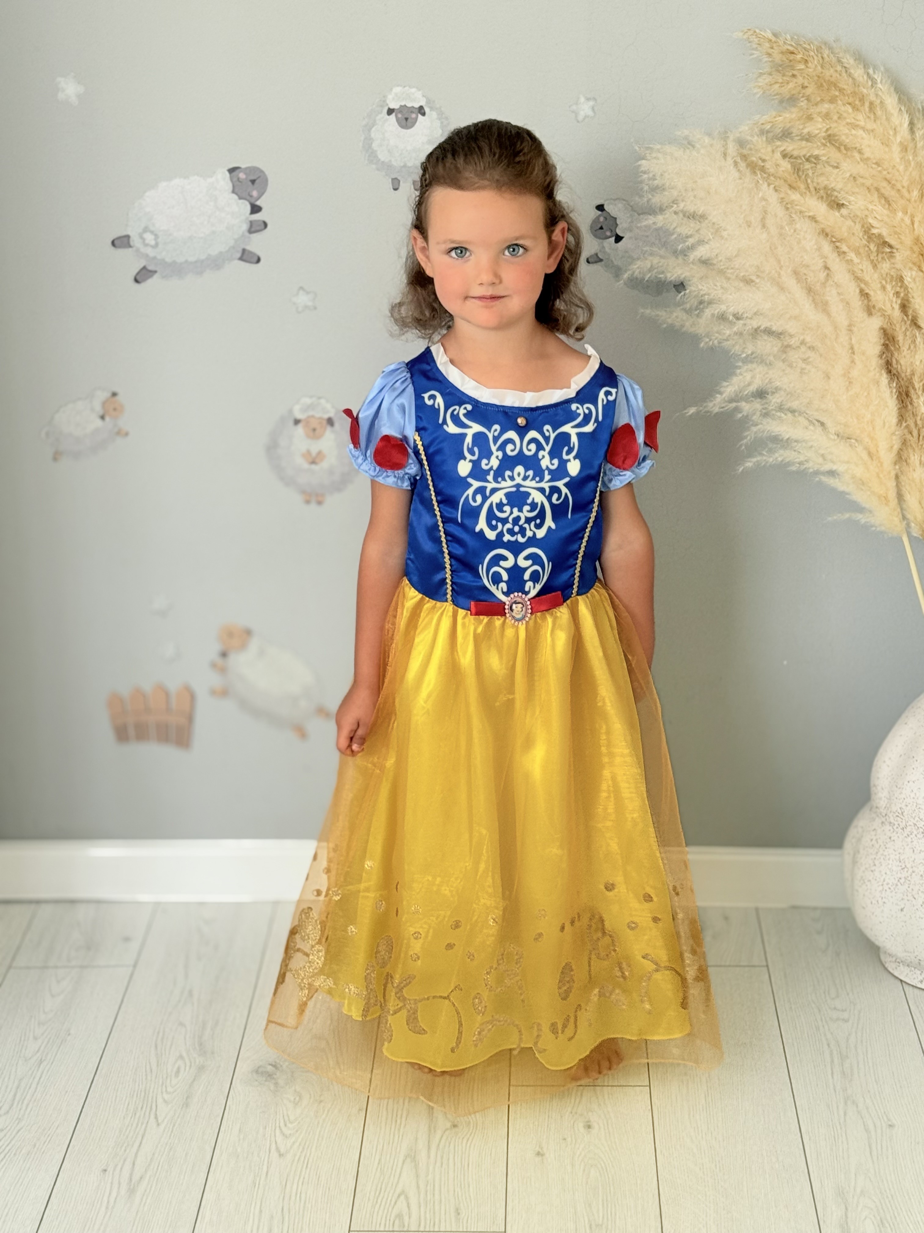 Rochie Fetite Carnaval, Printesa, Tull/Saten, Albastru si Galben, Sclipici Auriu 120 cm (5-6 ani)