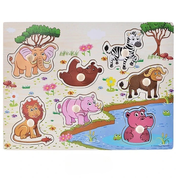 Puzzle Montessori din Lemn, Model Jungla Vesela ,7 Piese, Dimensiune 30x22.5 cm