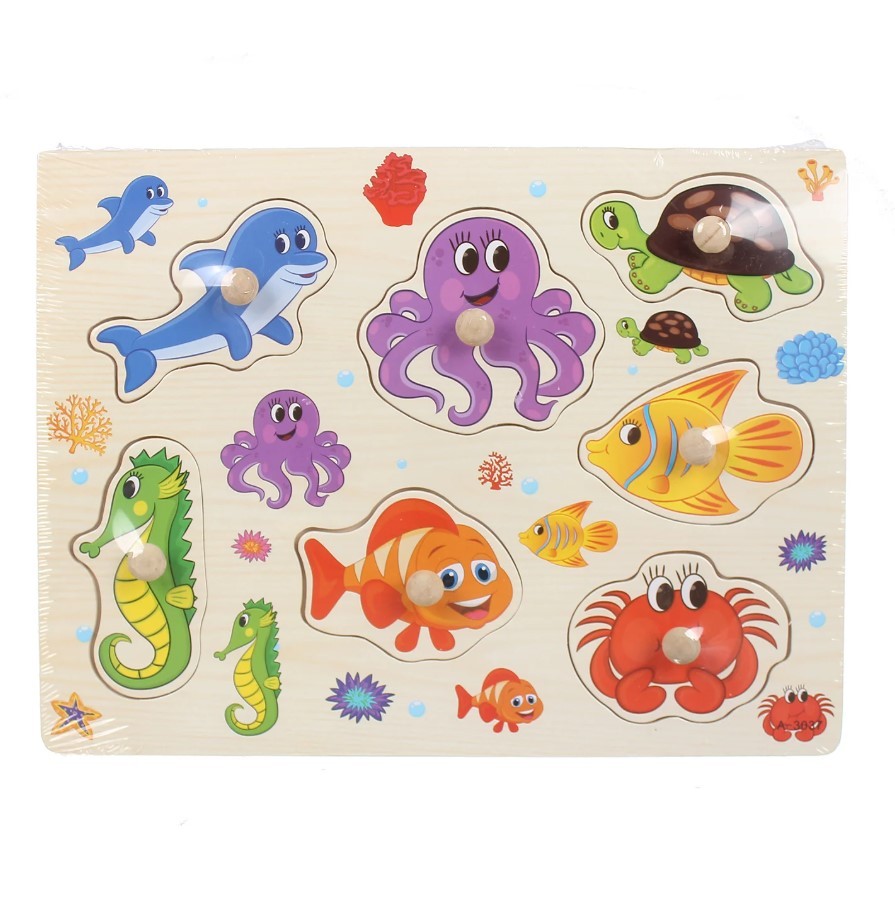 Puzzle Montessori din Lemn, Model Animale din Ocean, 7 Piese, Dimensiune 30x22.5 cm