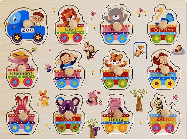 Puzzle Montessori din Lemn, Zoo Trenulet ,7 Piese, Dimensiune 30x22.5 cm