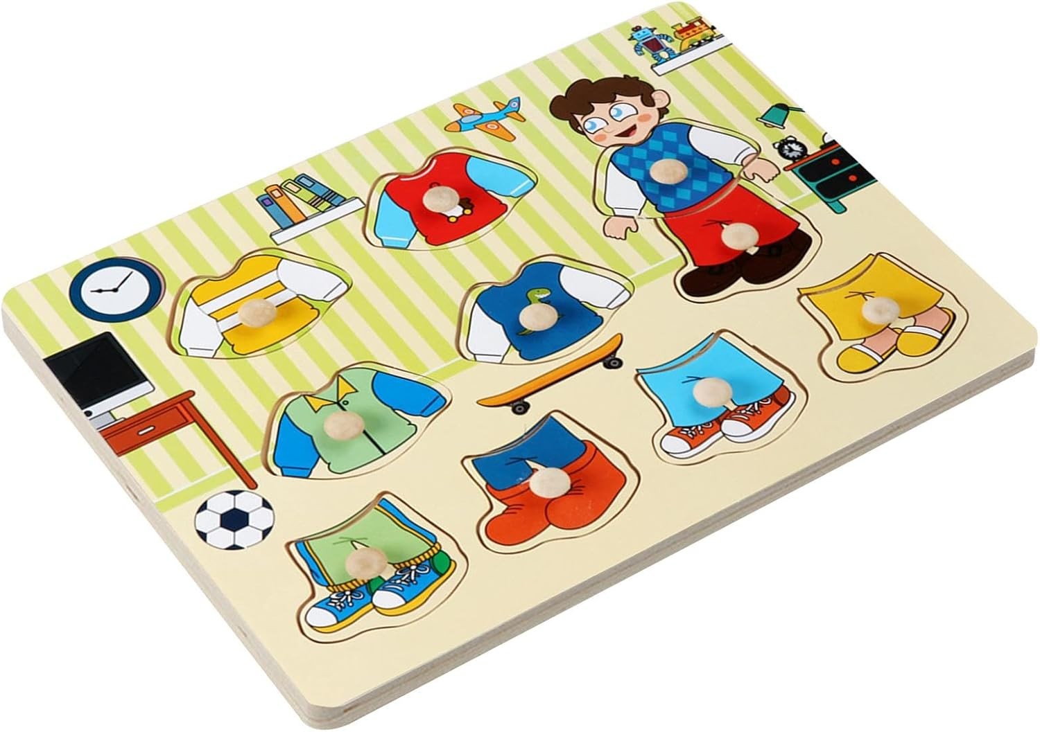 Puzzle Montessori din Lemn, Vestimentatie Baietel , 10 Piese, Dimensiune 30x22.5 cm