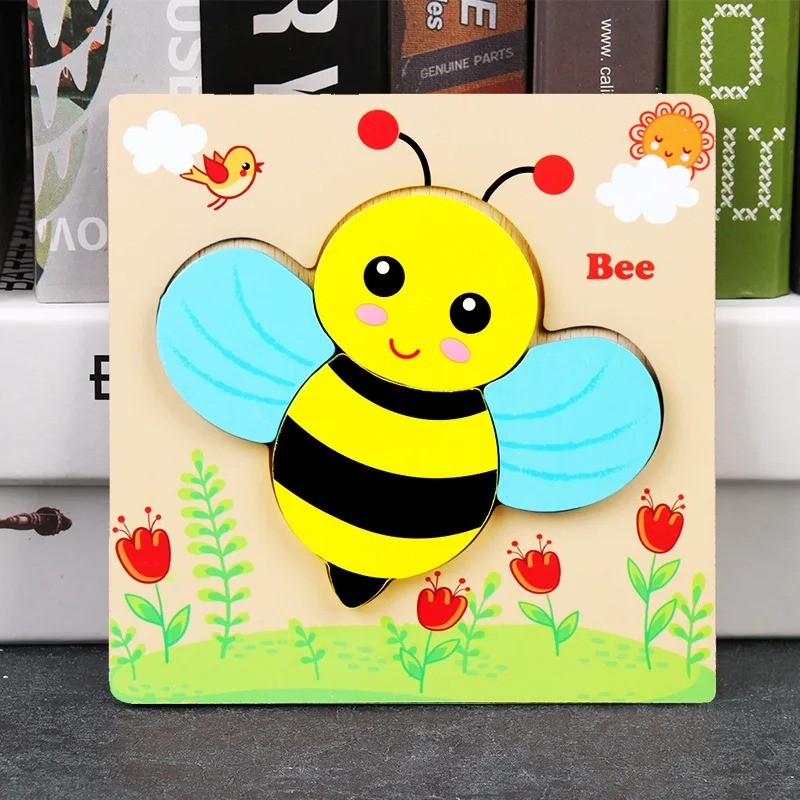 Puzzle din Lemn pentru Copii, Albinuta, 5 Piese, 15 cmx 15 cm, Multicolor