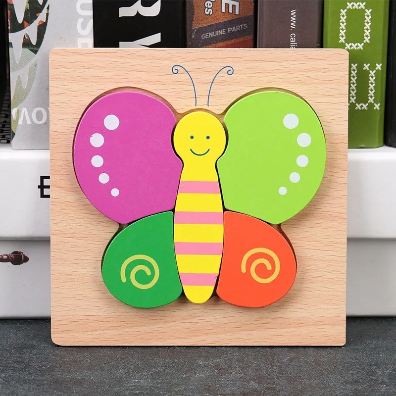 Puzzle din Lemn pentru Copii, Fluturas, 5 Piese, 15 cmx 15 cm, Multicolor