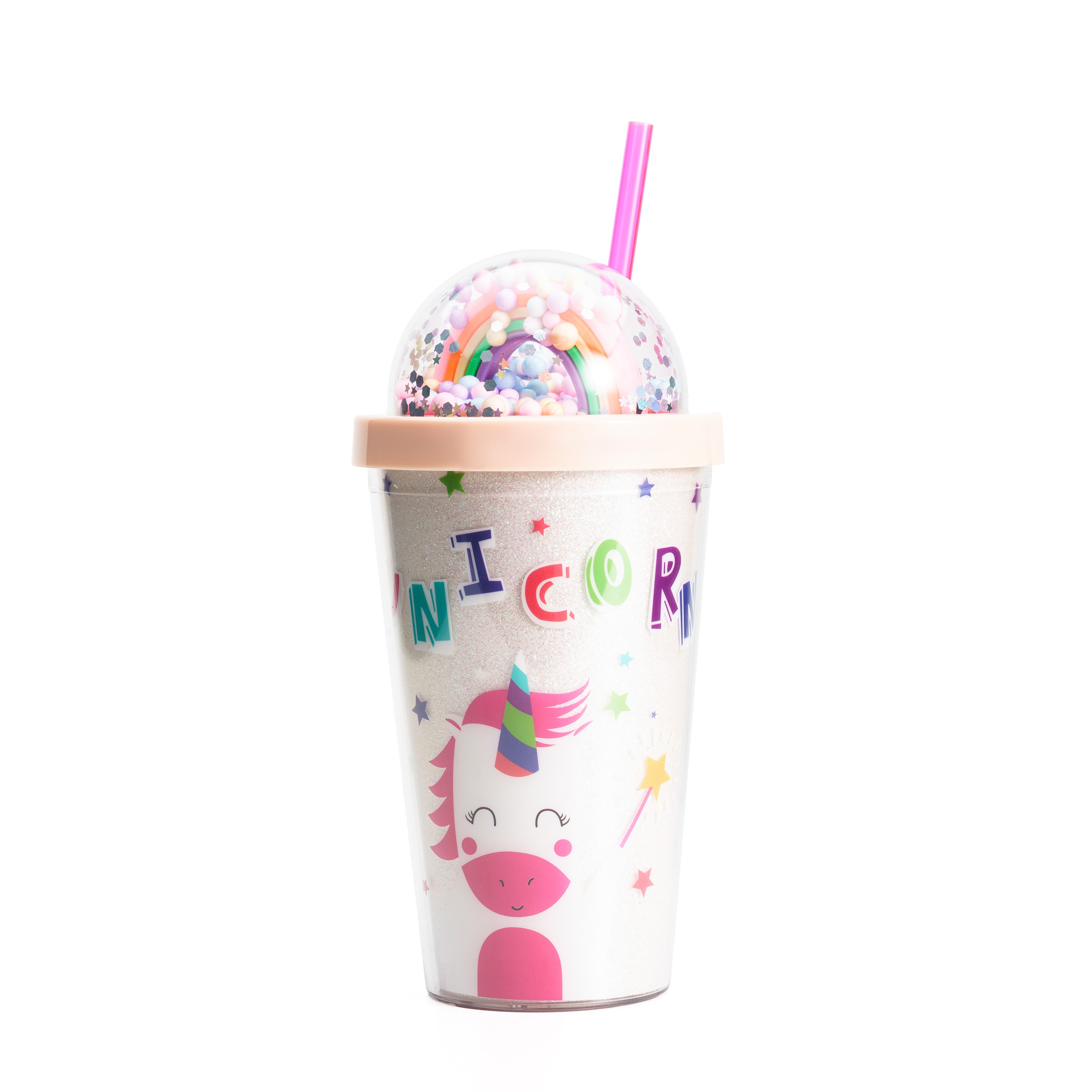 Cana cu Pai Unicor, Curcubeu si Bombonele, Plastic, Multicolor, 450 ml