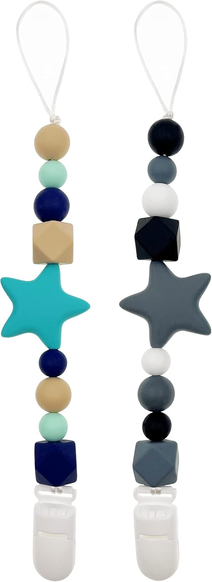 Set 2 Lanturi Pentru Suzeta, cu Bile din Silicon si Clips, Albastru, 029