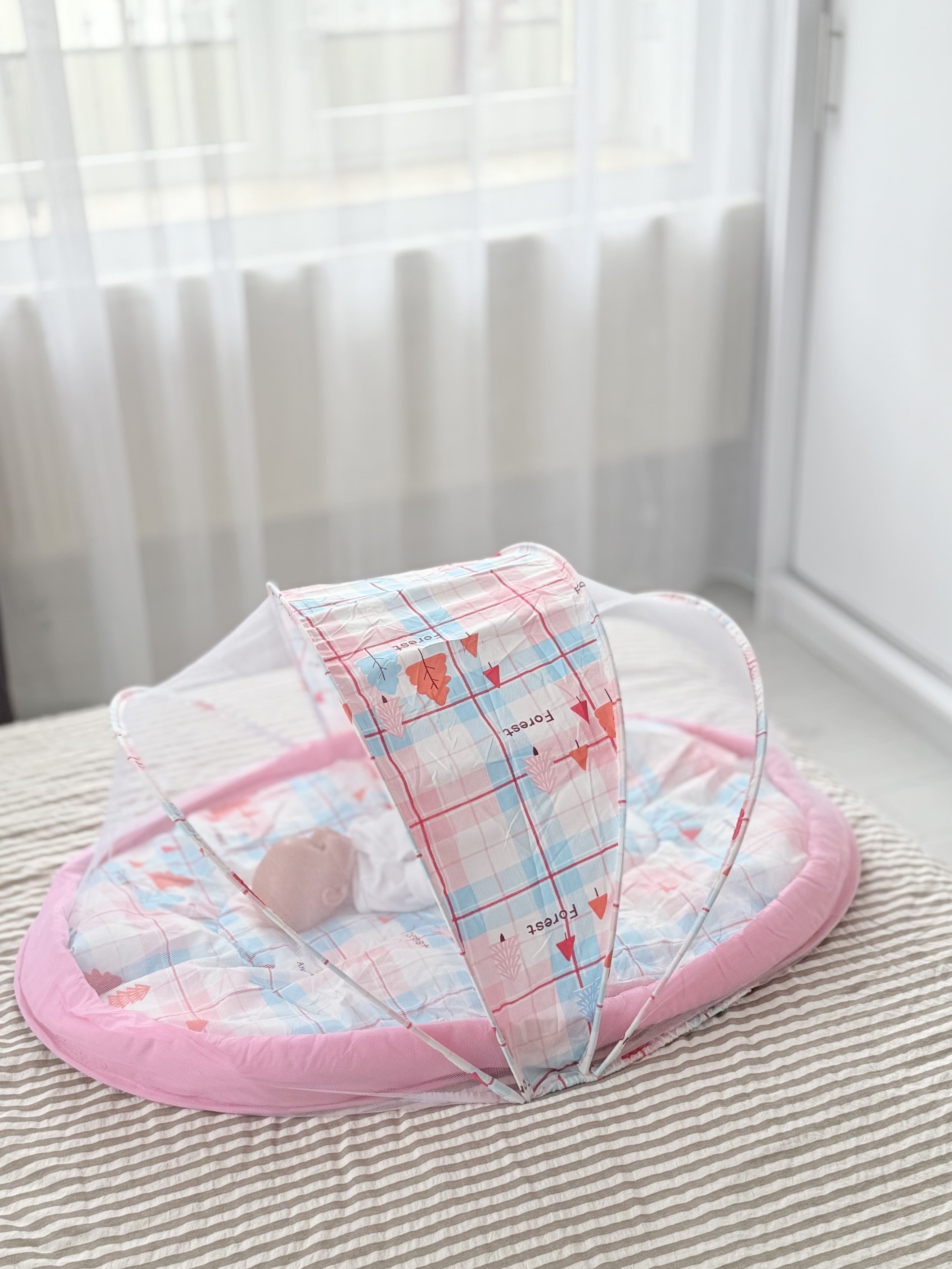 Patut Pliabil pentru Bebe, cu Plasa Anti Insecte, pentru Calatorii, Textil, Roz