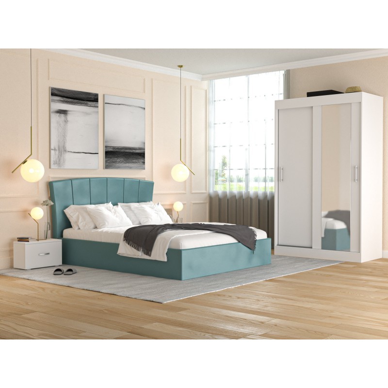 Dormitor Lagoon Turquoise, Dressing cu Oglinda 120 cm, Pat, Doua Noptiere, 160x200 cm